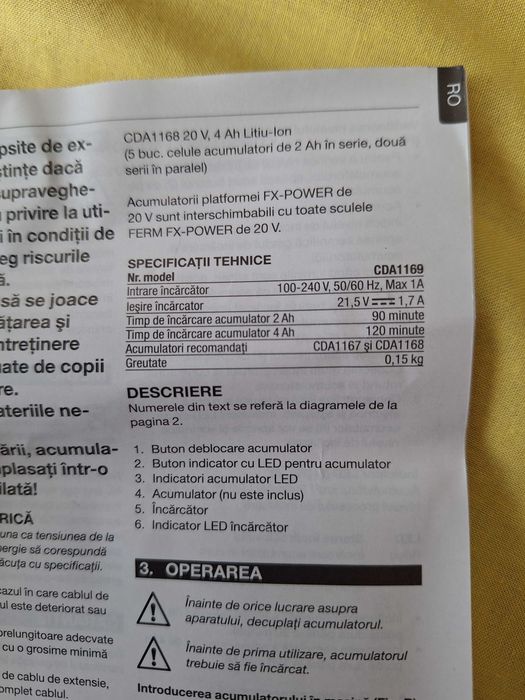 Incarcator  pentru acumulatori 20V,  2A  - 4A   model FERM CDA1169