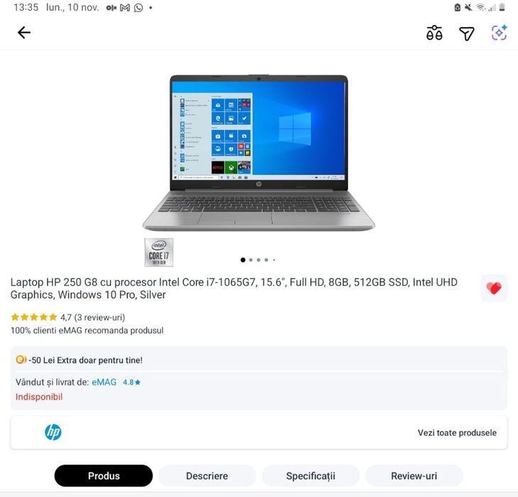 Vând Laptop HP 250 G8 cu procesor Intel Core i7-1065G7,8GB,512GB SSD
