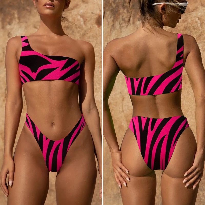 Costum de baie C107 Roz Banda Tanga Brazilian Push Up bretea neon