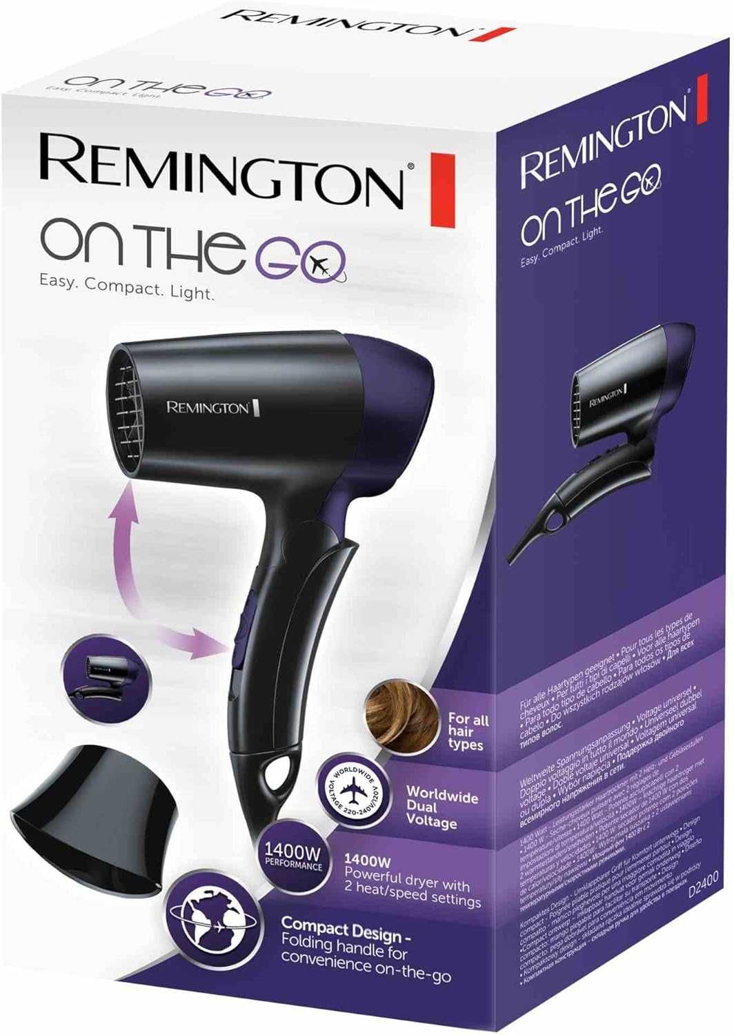 Сешоар за пътуване Remington, 1400W, Регулиране на 120/220-240V