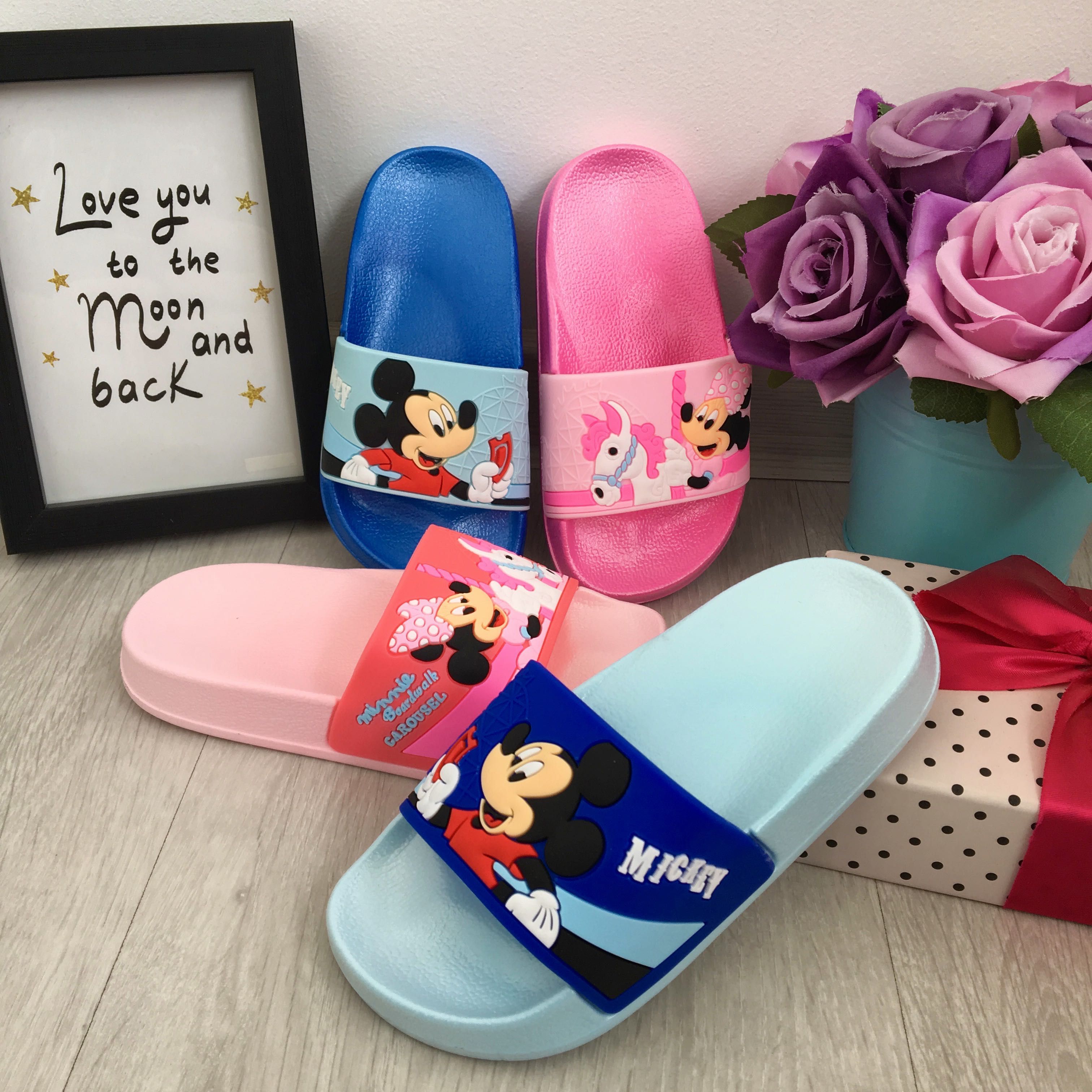 Papuci roz albastri bleu cu minnie mickey mouse pt copii mar 24 - 34