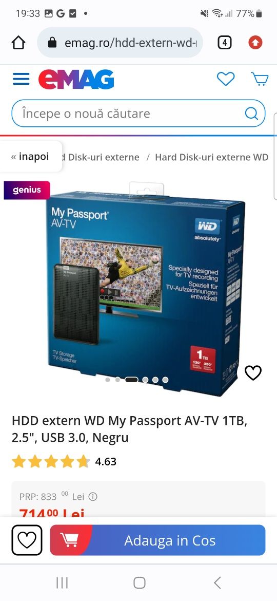 HDD extern WD My Passport AV-TV 1TB, 2.5", USB 3.0, Negru