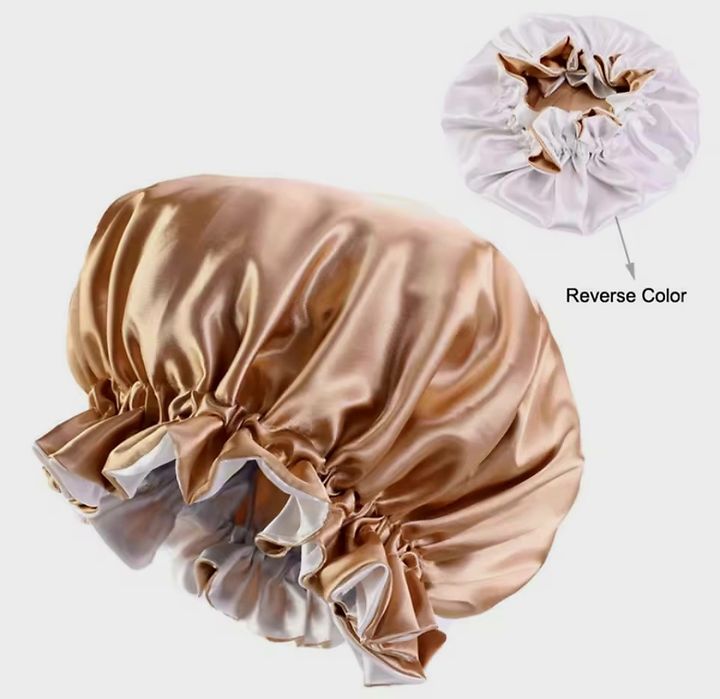 Шапка от сатен боне за сън двулицево ново бежаво и шапманско