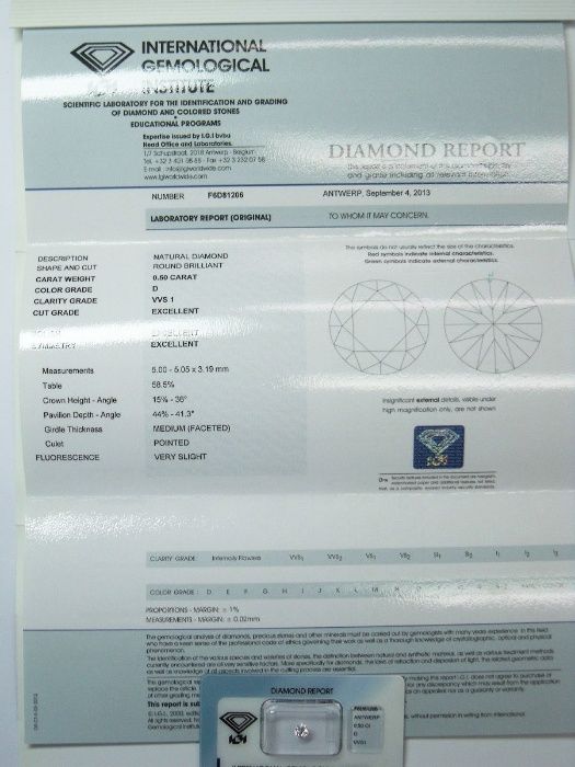 Сертифициран Диамант IGI 0,50 карата D/VVS Шлиф Брилянт GIA
