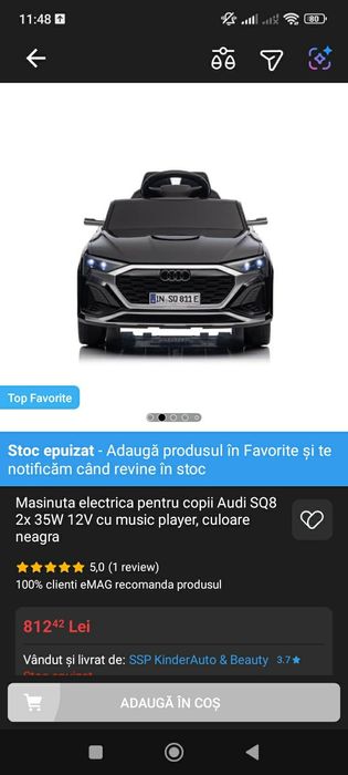 Vând mașinuță electrică Audi SQ8 2×35W 12V cu muzic player