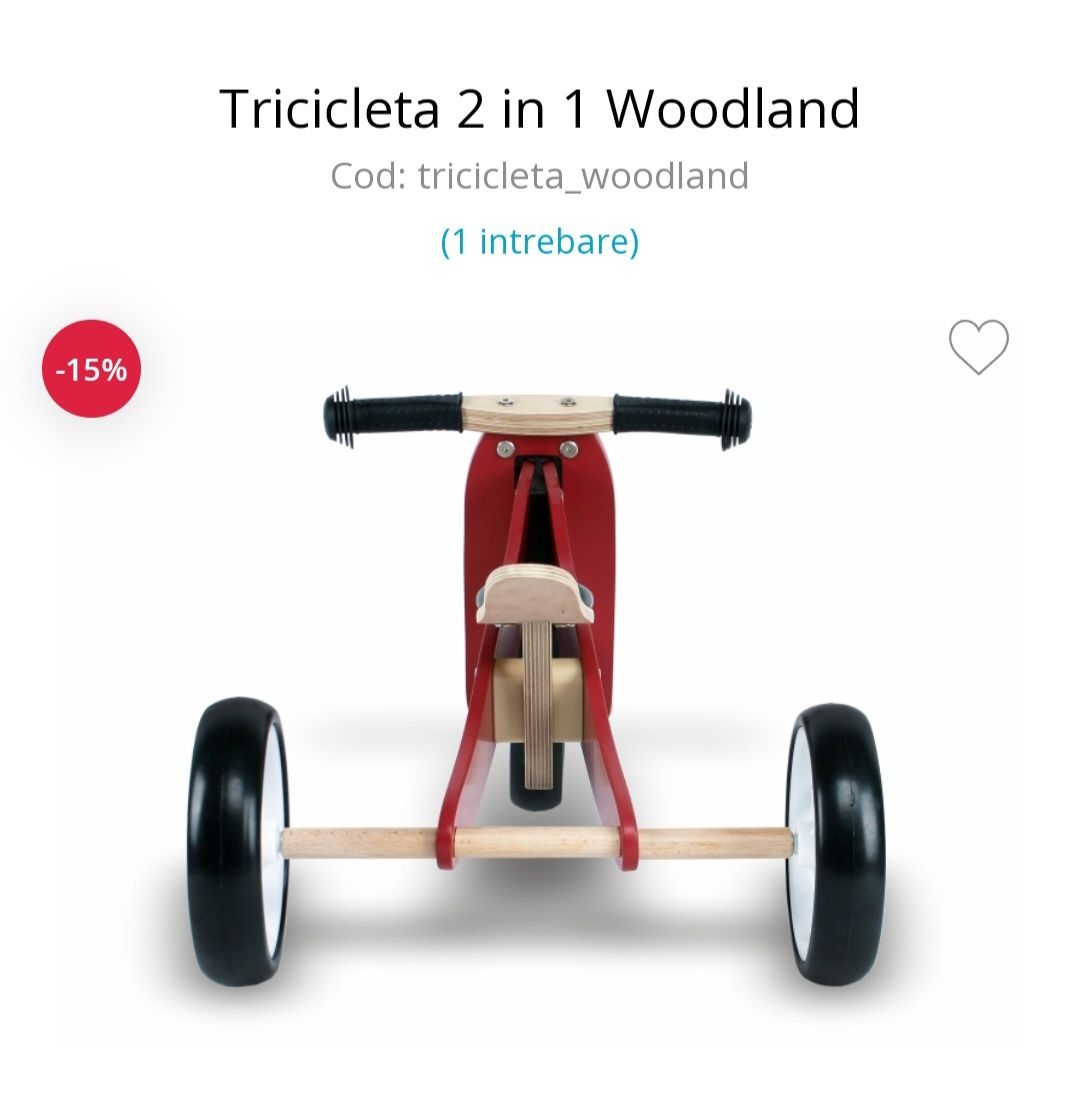 Bicicleta fara pedale/tricicleta din lemn  2 în 1 Woodland