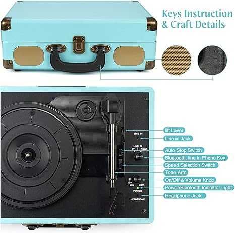 Platan cu difuzoare, Bluetooth,  3 trepte, player portabil de viniluri
