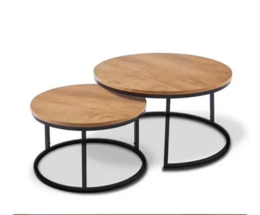 Set 2 masute de cafea,cadru metalic,blat din lemn,culoare maro vintage