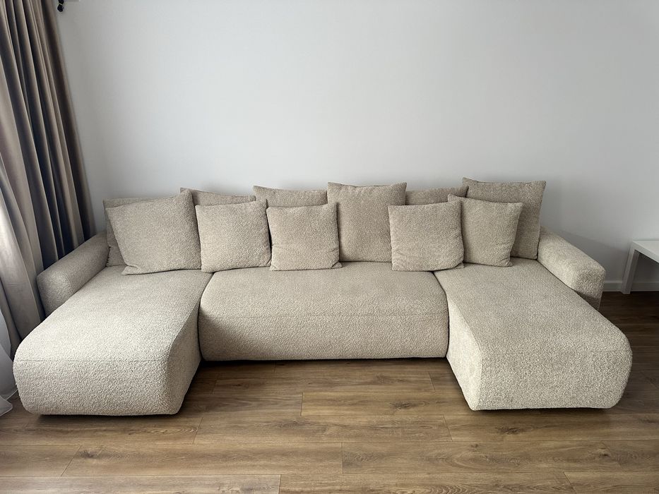 Canapea in formă de U coltar extensibila bej, cu lada de depozitare