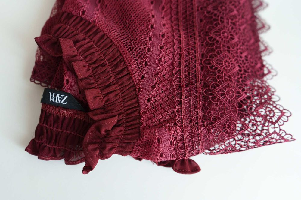 Zara дамска блуза, дантелена (бургундско червено, размер S + 36/8)