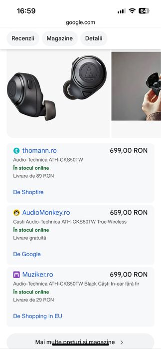 Casti in ear Audio-Technica ATH-CKS50TW Negru