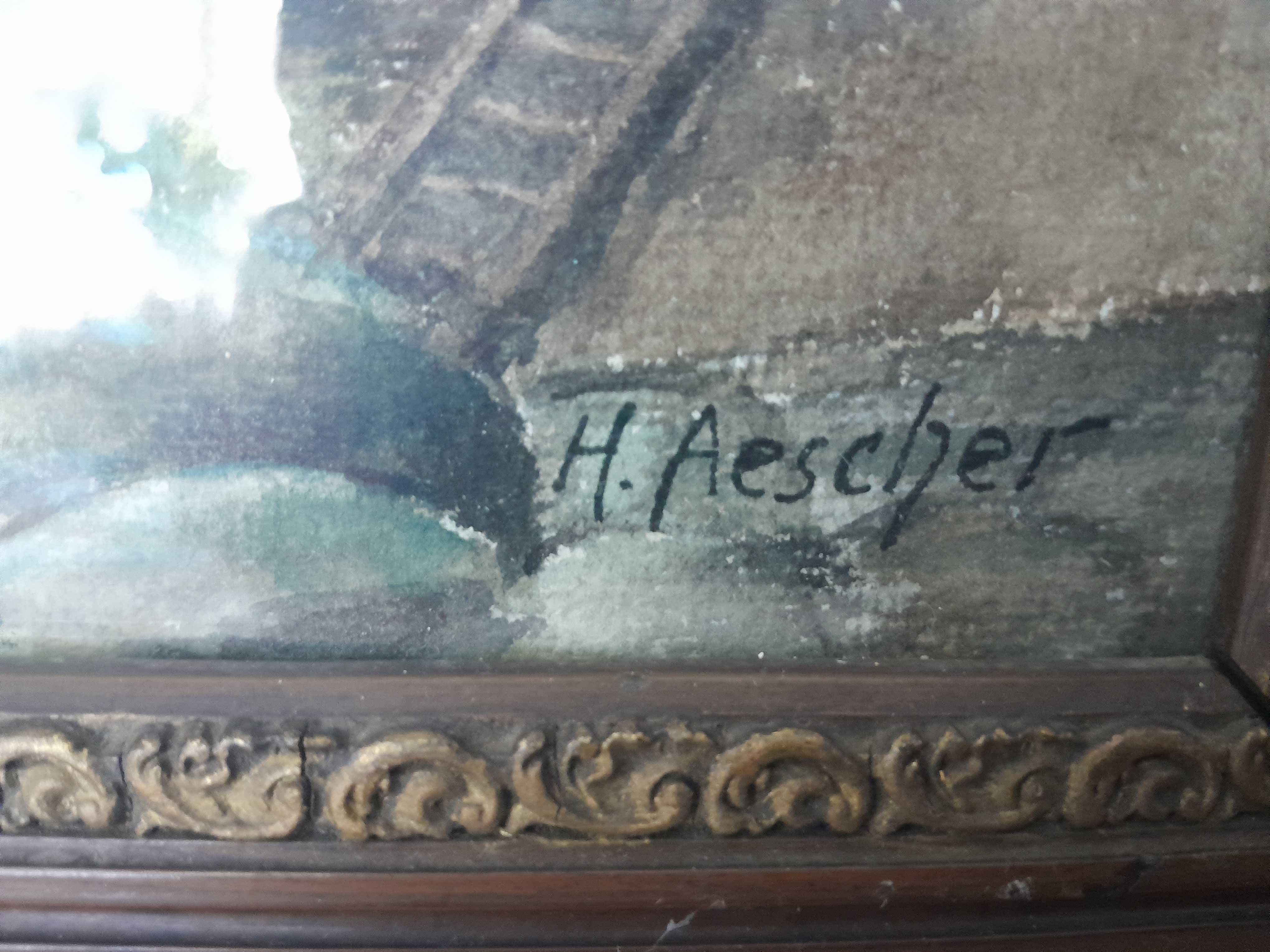 Tablou vechi românesc acuarelă, semnat H. Aescher - 43 cm x 37 cm