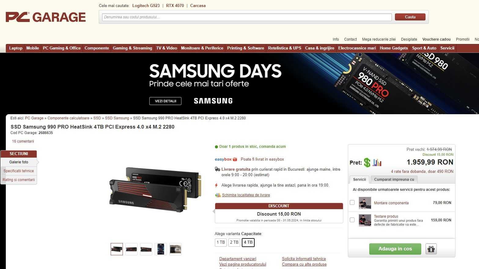 Samsung 990Pro 4TB Heatsink NVMe sigilat, PS5, 7450MB/s Transp Gratis