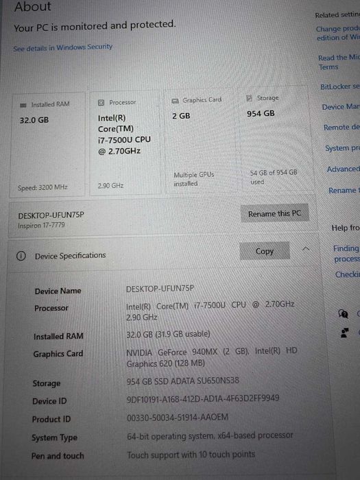 Laptop Dell Inspiron 7779 – i7, 32GB RAM, SSD M2 1TB, Nvidia 940MX