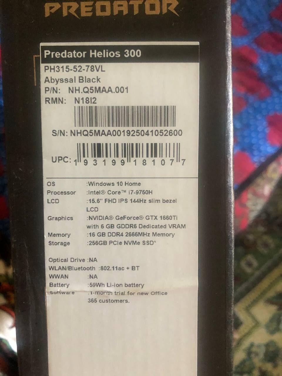 Acer Predator Helios 300 I7-9750 GTX 1660TI