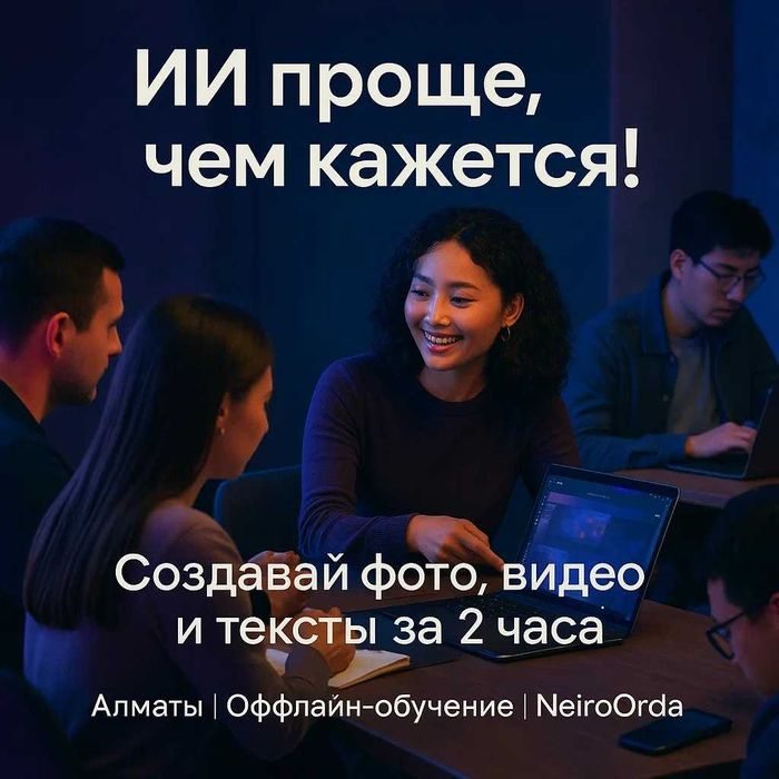 Оффлайн-обучение нейросетям Алматы: ChatGPT, картинки, видео за 2 часа