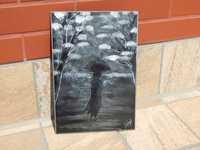 Pictura tablou pe carton peisaj sobru tomnatic persoana cu pelerina