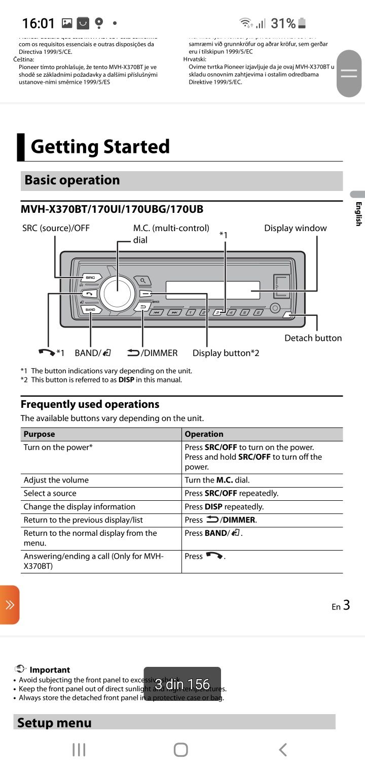 Radio MP3 Player auto Pioneer MVH-170UI, 4x50W, USB, AUX, Iesire Subwo