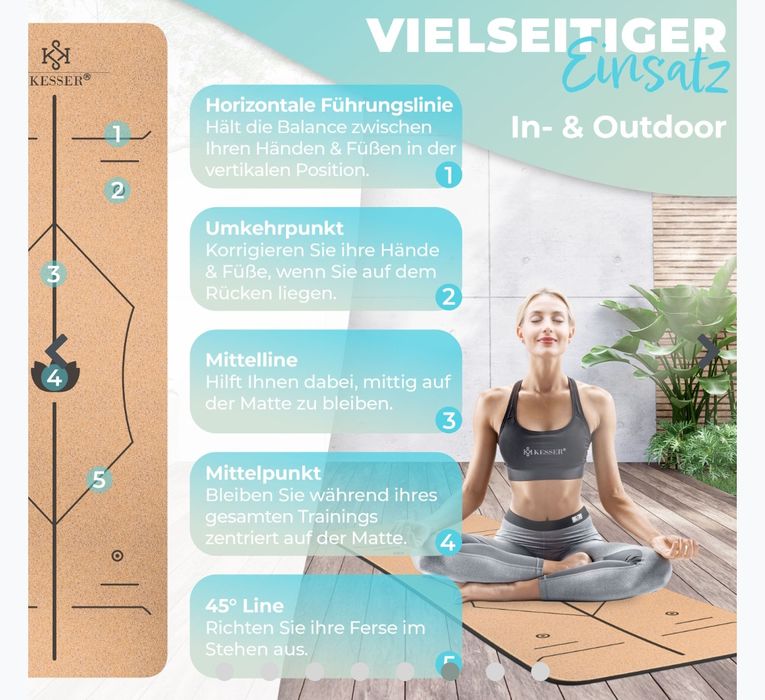 Коркова постелка за йога 183 х 62 см с блок и каишка , не плъзгаща