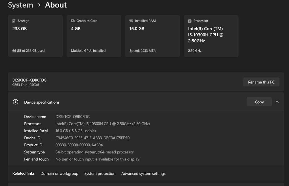 Laptop Gaming MSI MS-16R4 : i5-10300H-16GB RAM-256GB M.2-GTX 1650 4GB