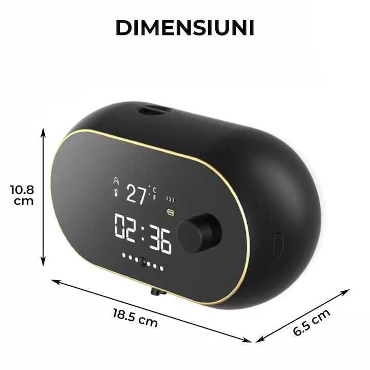 Dozator Automat Sapun Lichid, negru, afisaj temp, ora, fara atingere