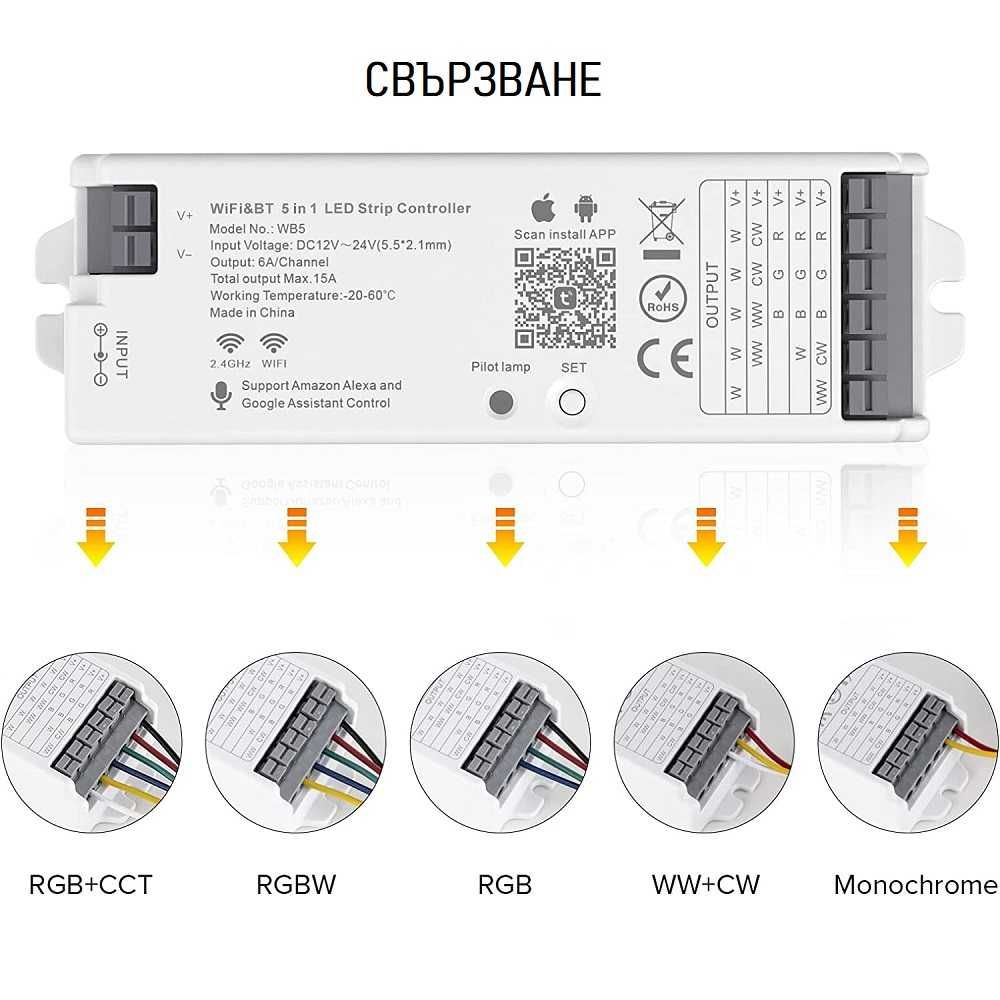 Tuya 5 в 1 WiFi&BT Контролер за LED ленти WB5 | RGB-RGBW-RGBCC