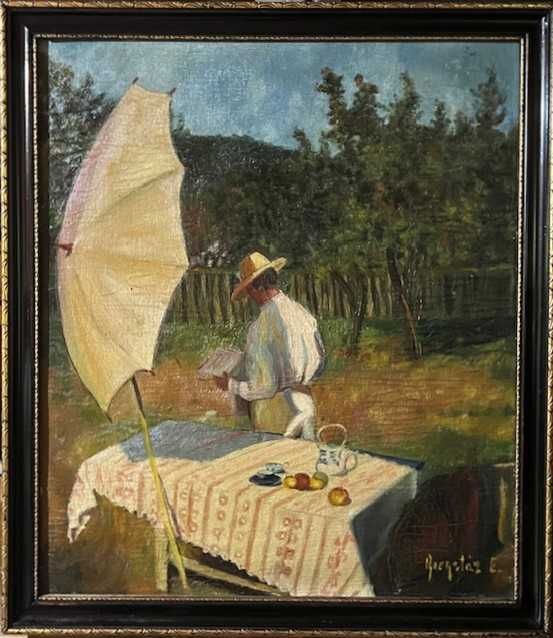 ”În grădină” Toblou foarte VECHI, ulei/cart, semnat, 60x50cm+rama
