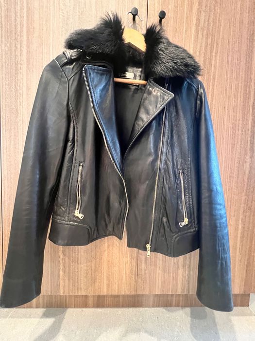 geaca piele Massimo Dutti cu guler de blana naturala