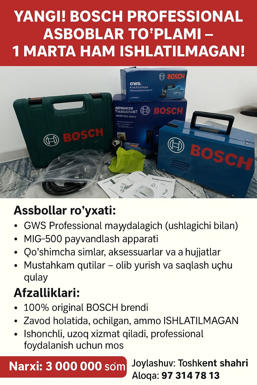 Yangi BOSCH Professional asboblar to‘plami – Ishlatilmagan!