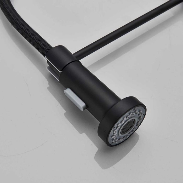 Baterie de bucatarie, cu dus flexibil, 2 functii de curgere, negru mat