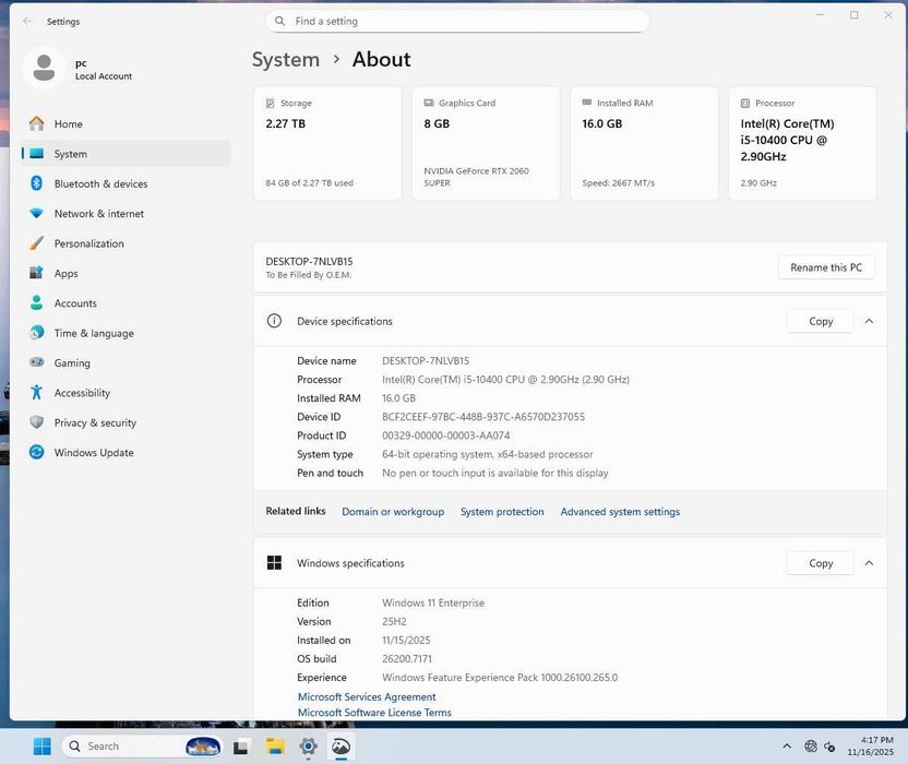 Unitate PC Intel Core i5 10400+16Gb DDR4+nVidia RTX 2060 Super 8Gb
