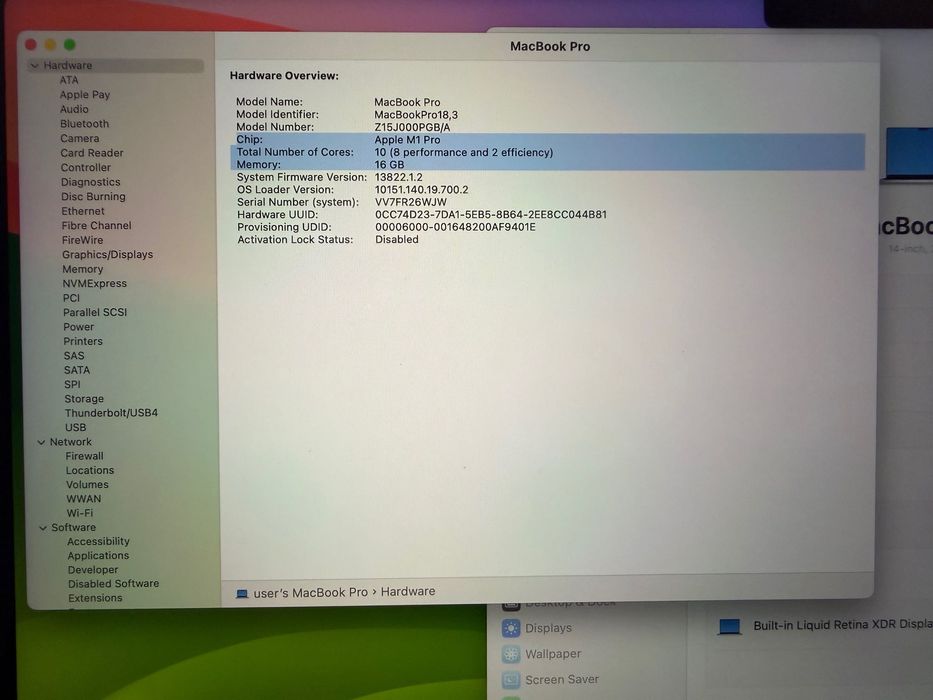 MacBook Pro 14" M1 PRO 10-CPU, 16-GPU, 16RAM, 512SSD