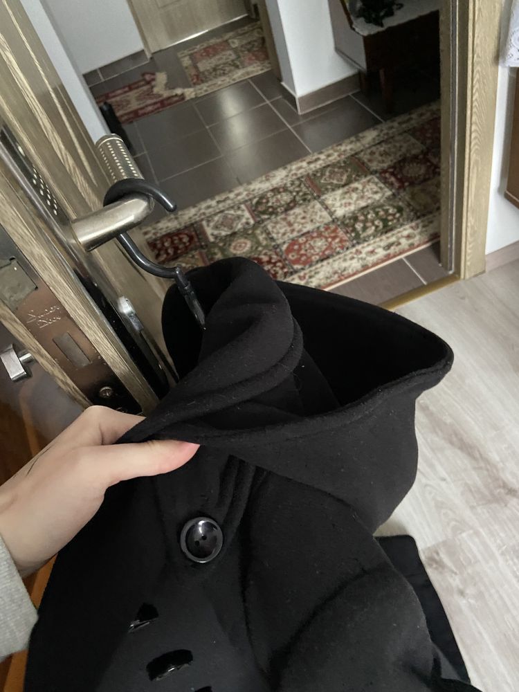 Palton negru dama cu glugă detașabilă