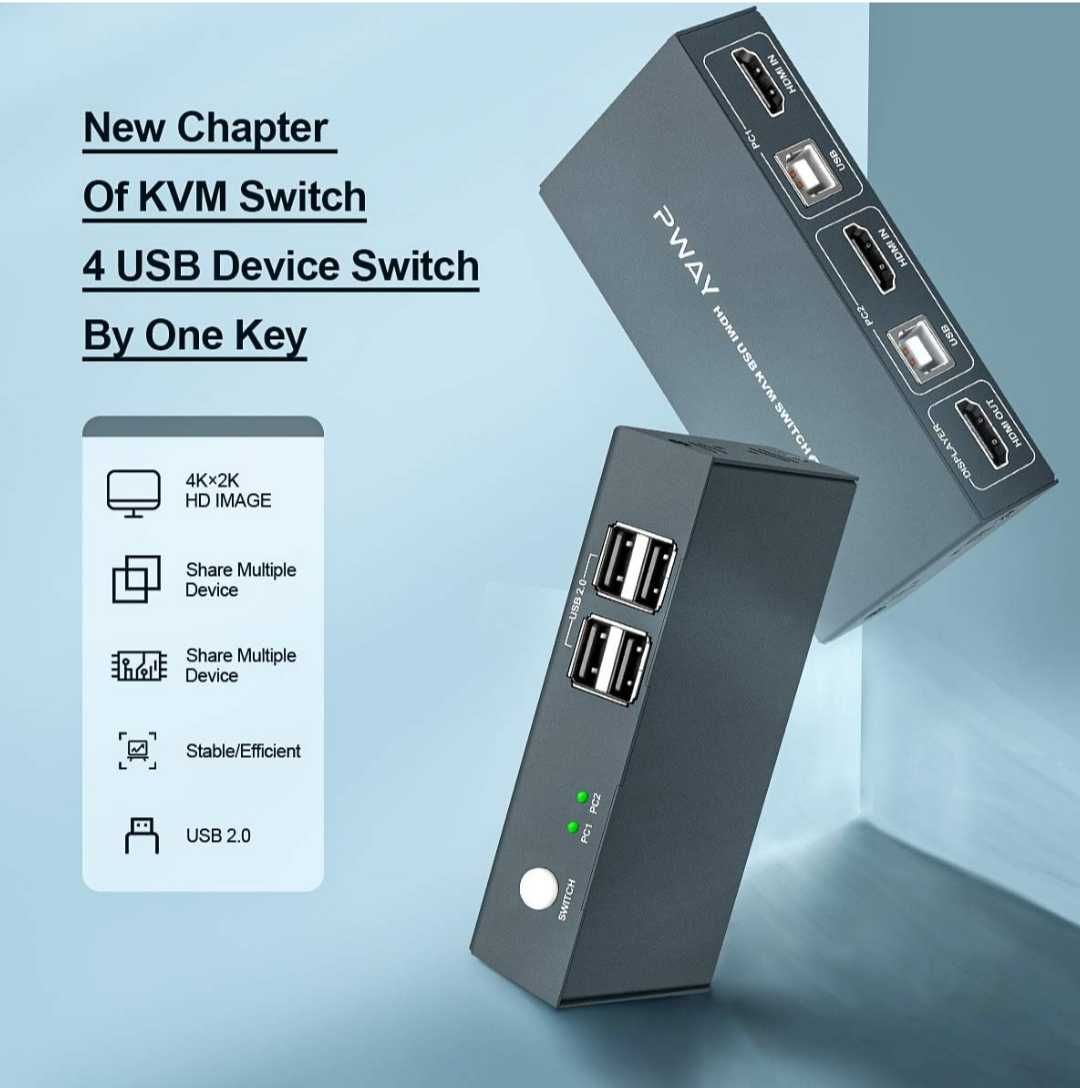 KVM превключвател HDMI 2в1  4K 30Hz с USB 2.0 хъбове с комплект кабели