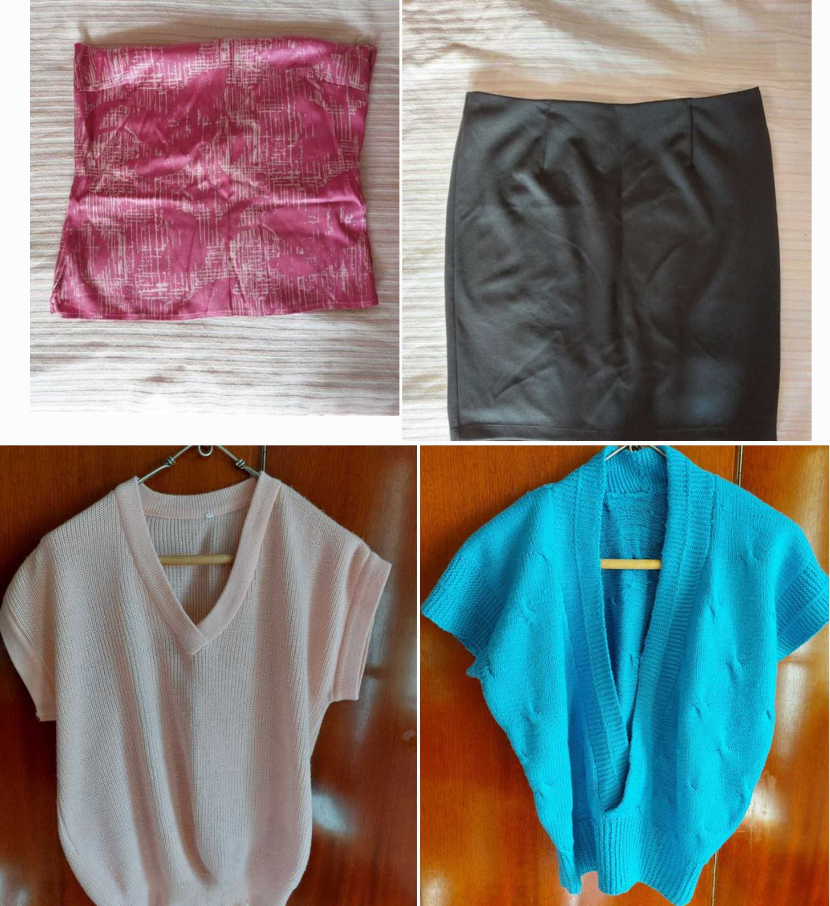 Top M fara mâneci senzual/fusta creion L/veste tricotate, nepurtate