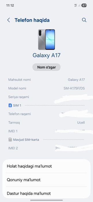 Samsung A17 holati ideal  karabgasi yo faqat ozim karabga