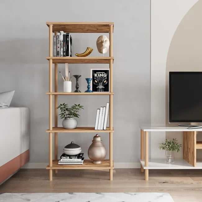 Raft decorativ cu 5 polite din lemn, design modern, 29x60x137 cm