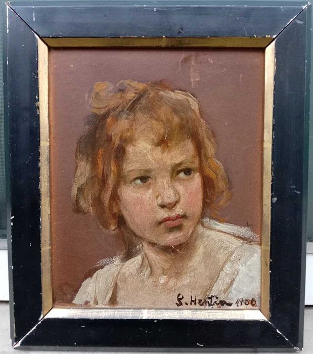 Tablou vechi - cap de copil - semnat S. Hentia 1900