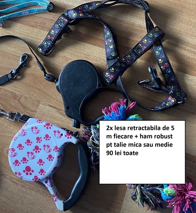 Lot 2x lesa retractabila 5 m +ham rezistent caine talie mica sau medie
