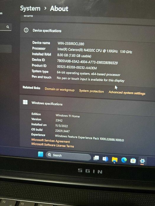 Laptop SGIN 15.6” – Intel Celeron N4020 / 8GB RAM / 256GB SSD / Win 11