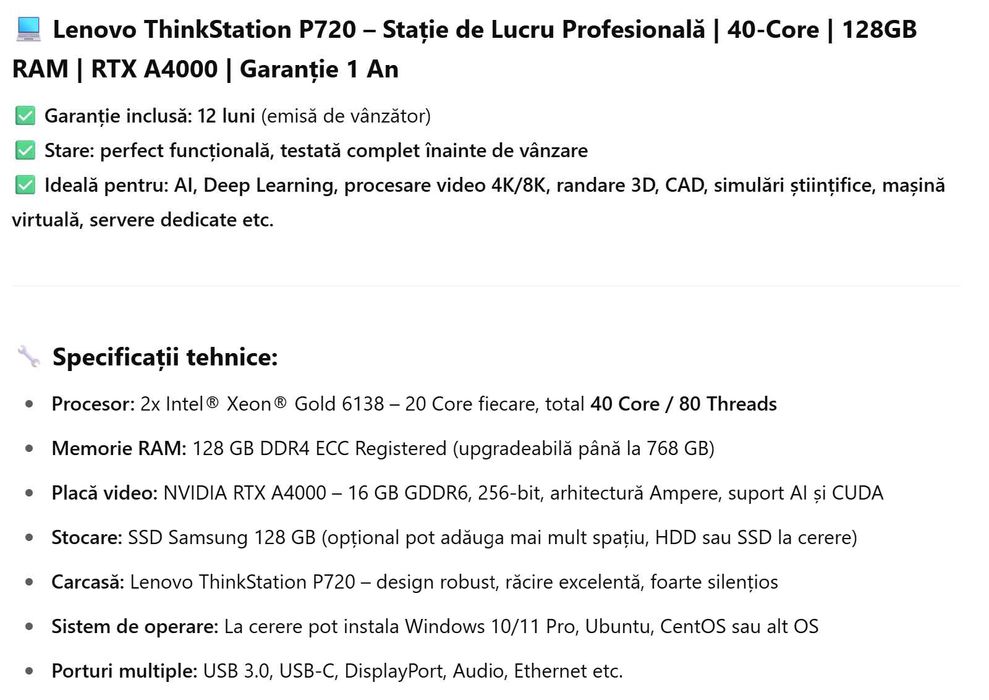 Lenovo Thinkstation P720 GOLD 2 x 20-Core (Statie procesare / grafica)