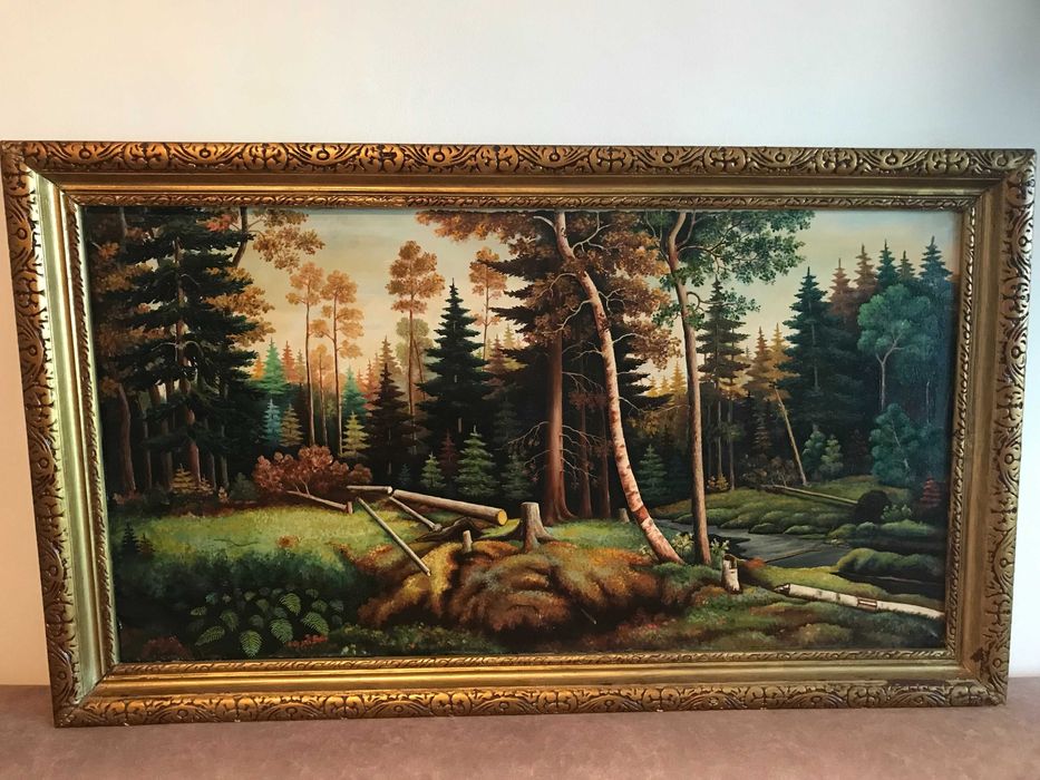 Set 2 tablouri, în ulei – Peisaje de pădure, rame aurii