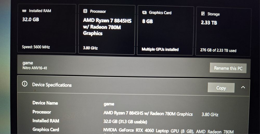 Laptop  gaming Acer nitro v16 ,AMD ryzen 7. 8845