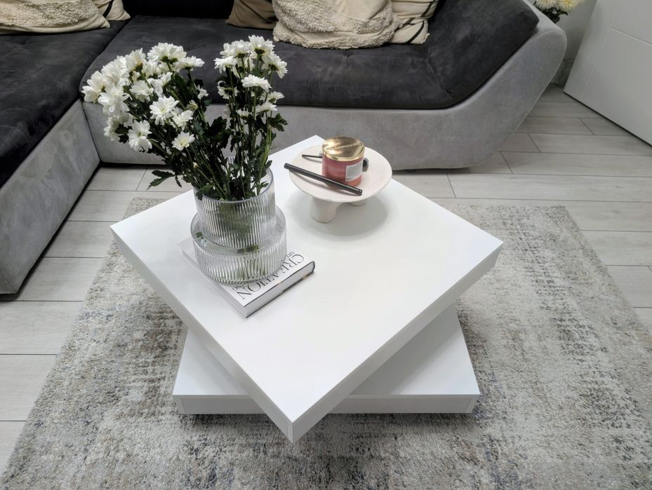Masa de cafea moderna, 70x70x34 cm, alb mat