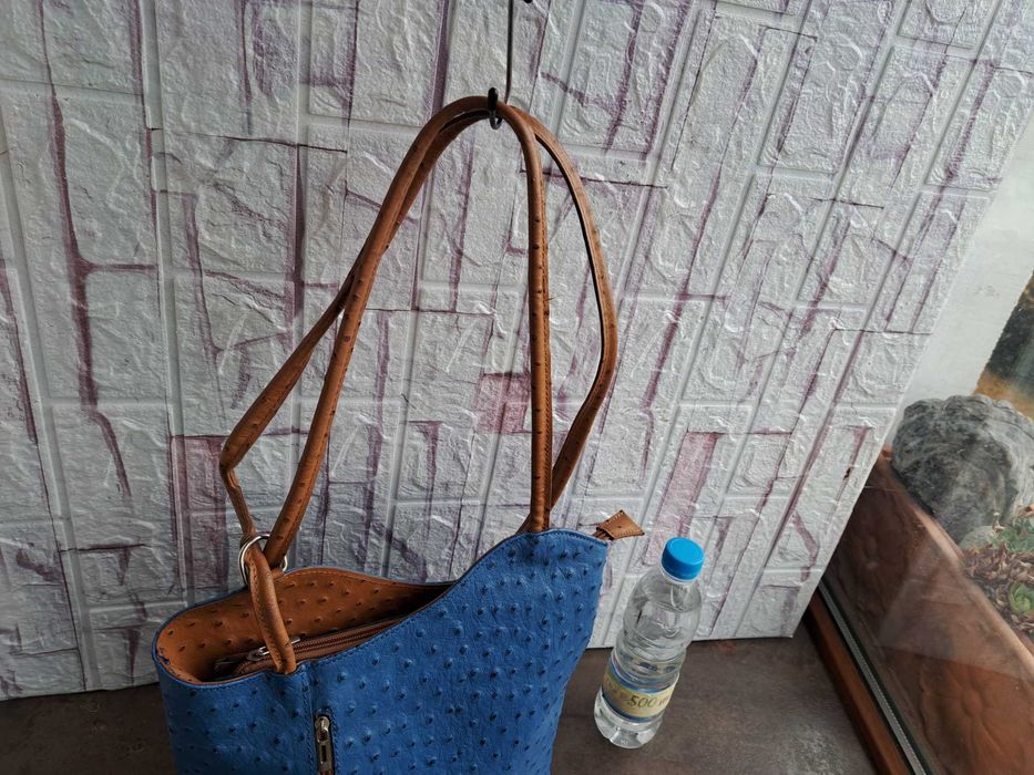 дамска чанта,раница,синя,кожена-естествена кожа