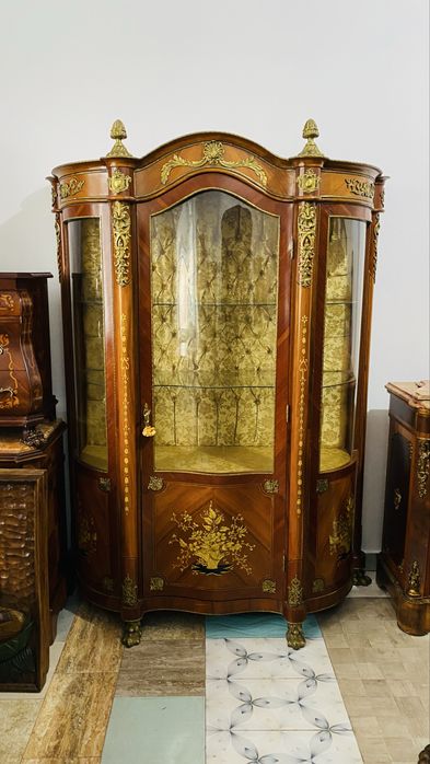 Vitrina Mobila Lemn Masiv Bronz Intarsie Pictura Vintage