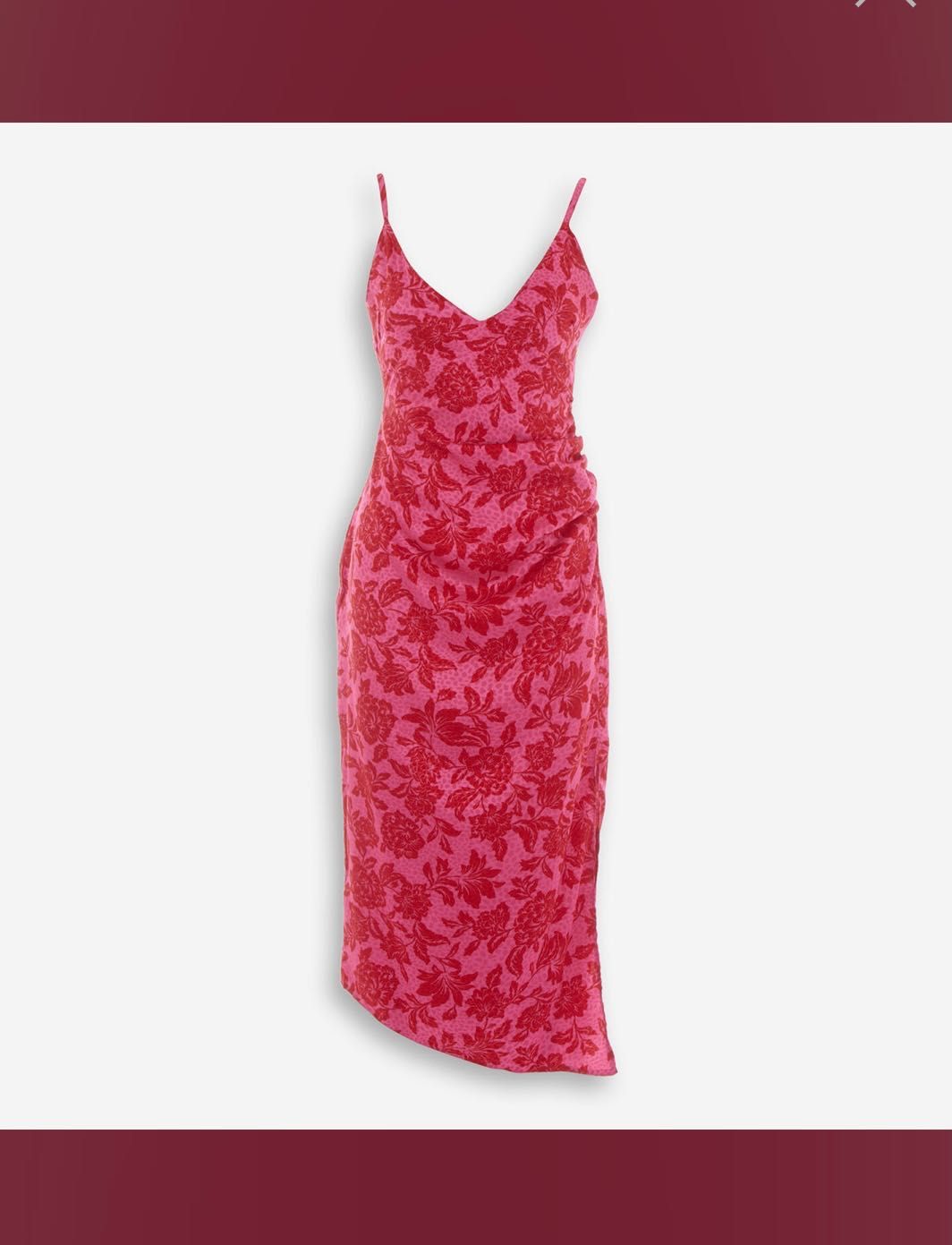 VSPER Pink & Red Floral Ruched Midi Dress