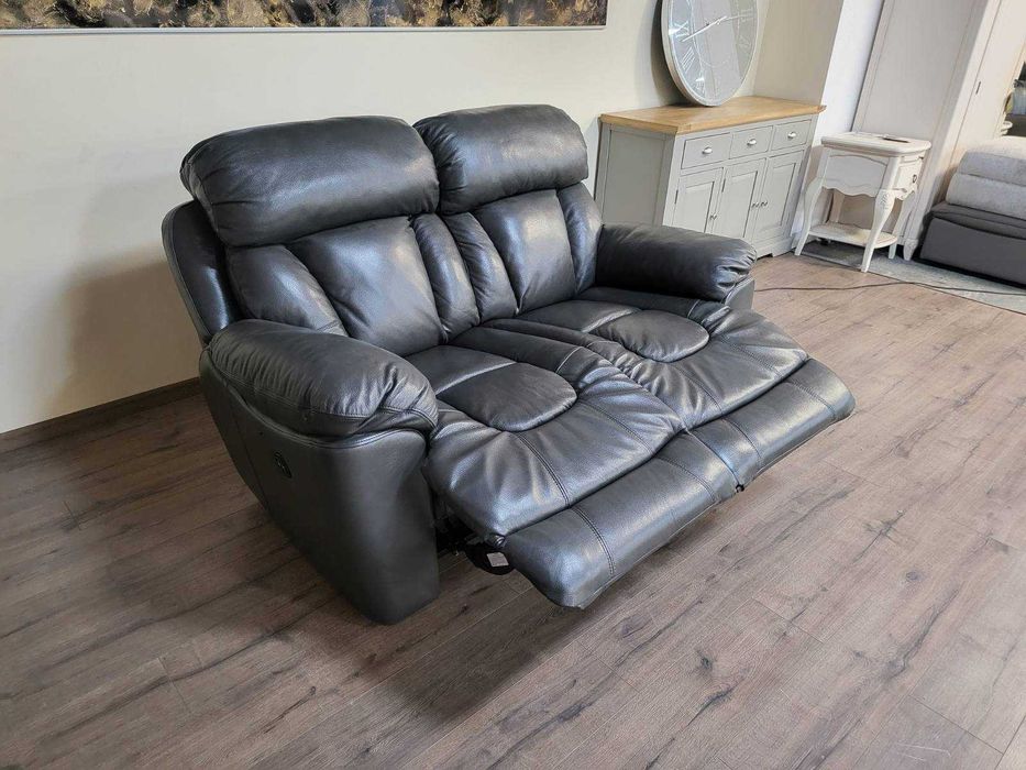 Сив кожен диван двойка с електрически релаксиращ механизъм