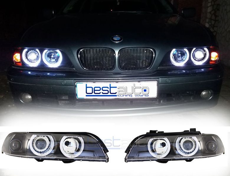 Тунинг фарове Angel Eyes за БМВ Е39 / BMW E39 (1996-2000) - черни