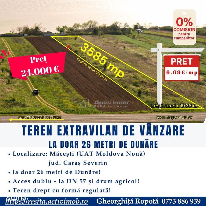 Teren 3585 mp – 26 m de Dunăre – DN57, Macesti